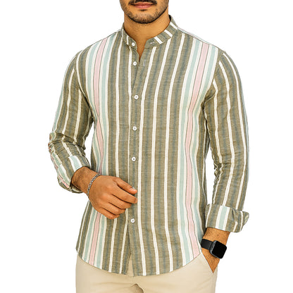 Camicia Uomo Estiva a Righe in Lino e Cotone – Collo Coreana | RDV Abbigliamento