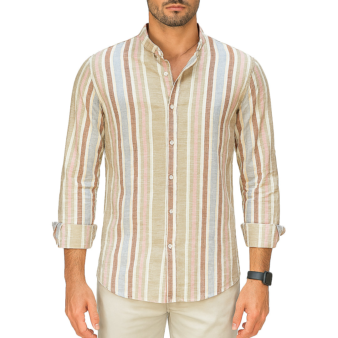 Camicia Uomo Estiva a Righe in Lino e Cotone – Collo Coreana | RDV Abbigliamento