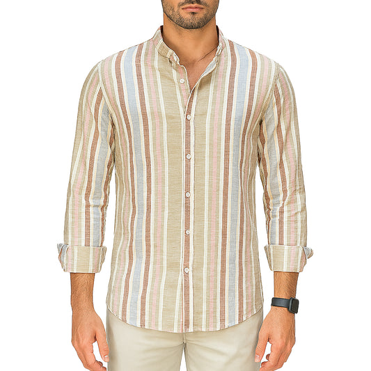 Camicia Uomo Estiva a Righe in Lino e Cotone – Collo Coreana | RDV Abbigliamento
