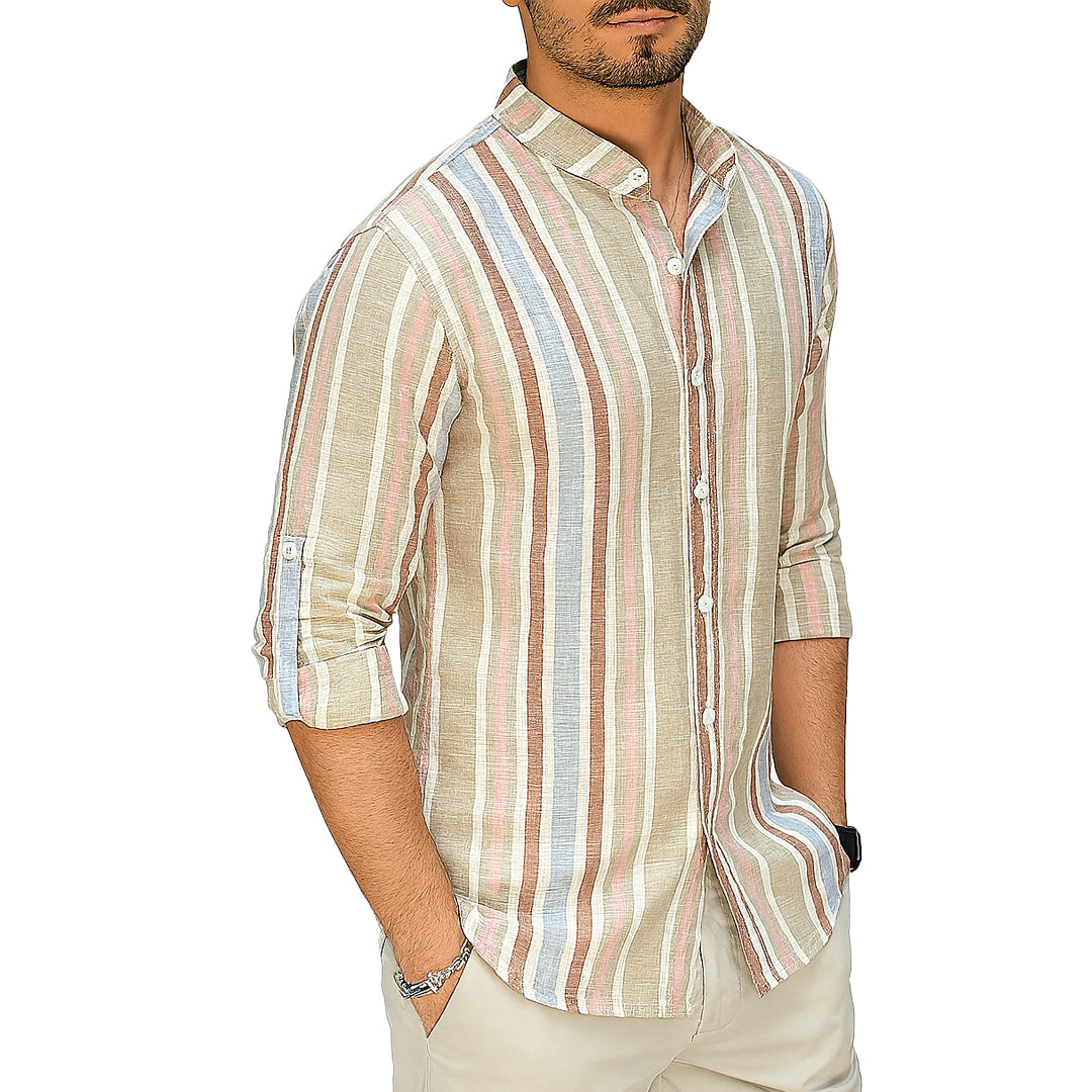 Camicia Uomo Estiva a Righe in Lino e Cotone – Collo Coreana | RDV Abbigliamento