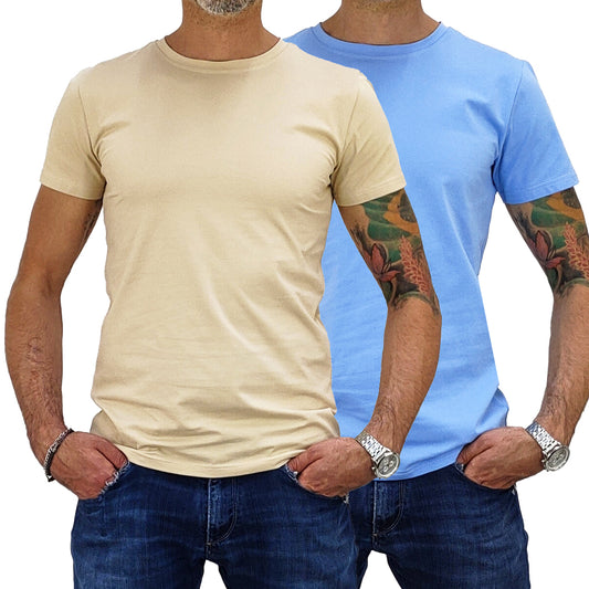 2 T-shirt manica corta slim fit Celeste e Crema