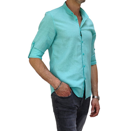 Camicia uomo in lino con colletto alla coreana