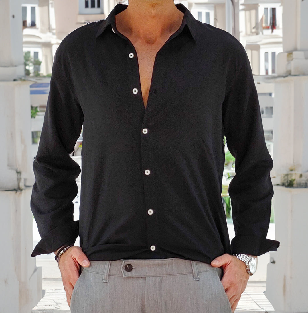 Camicia in Morbida Viscosa e Lino, colore Nero