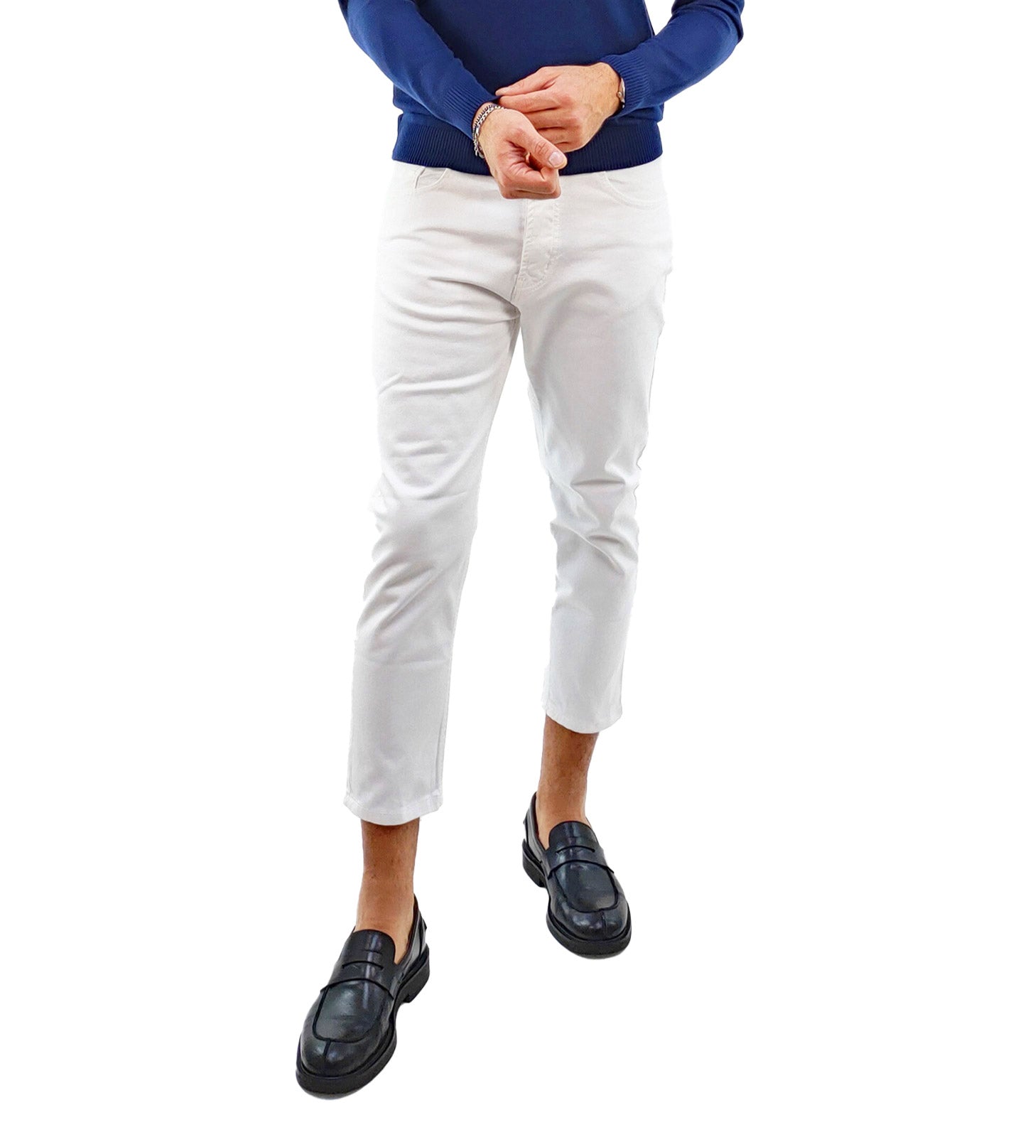 Pantalone di Jeans Bianco a Vita Alta Lunghezza Capri
